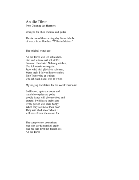 An die Türen from Gesänge des Harfners arranged for oboe d'amore and guitar (arr. David Warin Solomons)