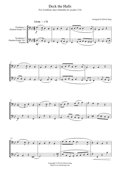 Deck the Halls (for trombone duet, suitable for grades 2-6) (arr. Edwin Sung)