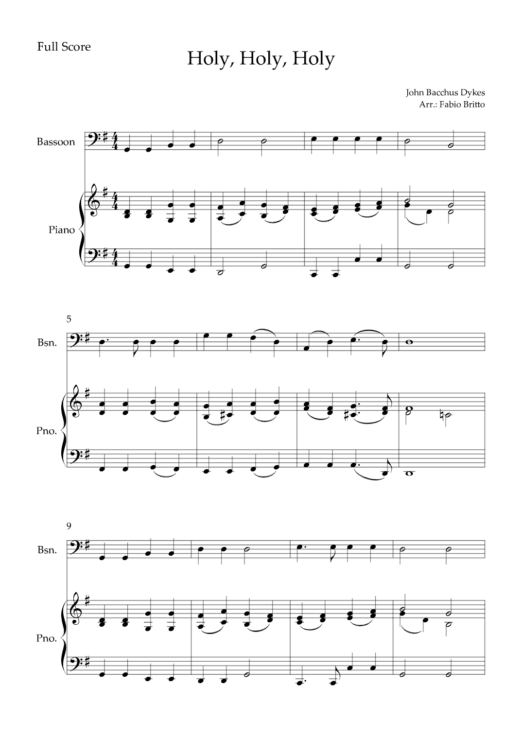 Holy, Holy, Holy (Traditional Christian Song) for Bassoon Solo and Piano Accompaniment (arr. Fabio Britto)