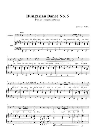 Hungarian Dance No. 5 by Brahms for Double Bass and Piano with Chords (arr. Rika K.)