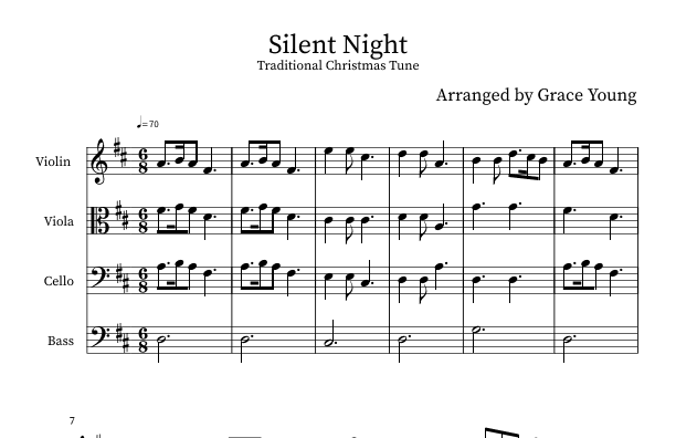 Silent Night- For Beginner String Quartet (arr. Grace Kathryn Young)