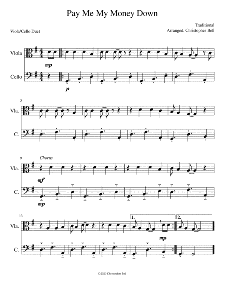 Pay Me My Money Down - Easy Viola/Cello Duet (arr. Christopher Bell)