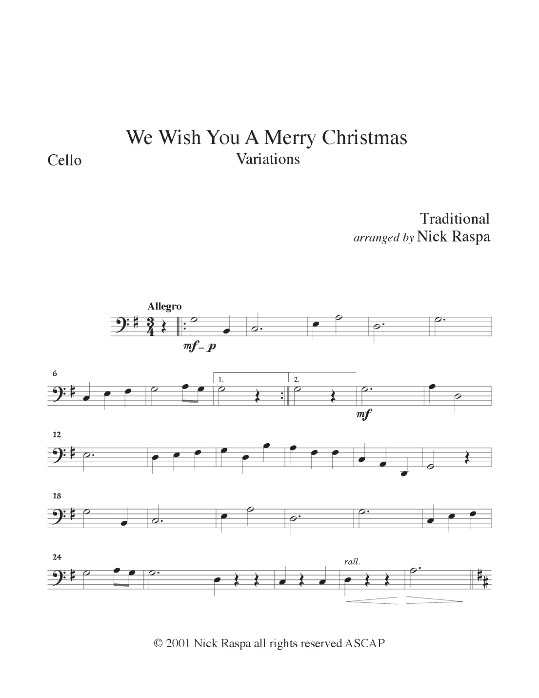 We Wish You A Merry Christmas (variations for String Orchestra) Cello part (arr. Nick Raspa)