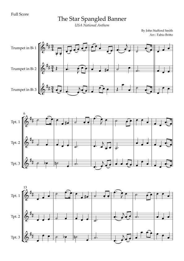 The Star Spangled Banner (USA National Anthem) for Trumpet in Bb Trio (arr. Fabio Britto)