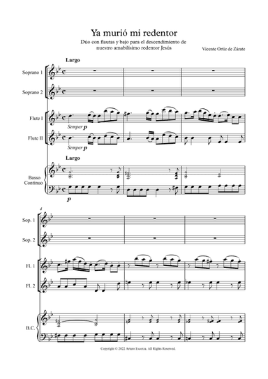 Ya murio mi redentor - Duet with two flutes and continuo - Mexican Baroque - Score Only (arr. Arturo Escorza)