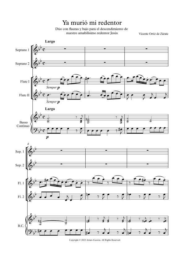 Ya murio mi redentor - Duet with two flutes and continuo - Mexican Baroque - Score Only (arr. Arturo Escorza)