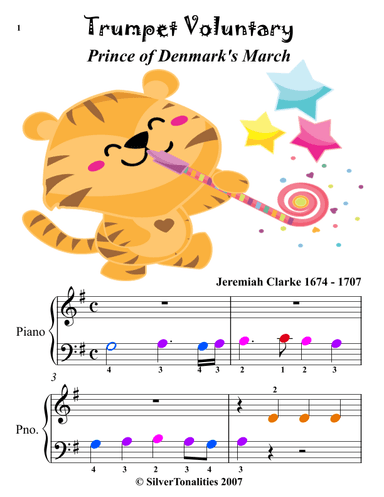 Trumpet Voluntary Prince of Denmark's March Beginner Piano Sheet Music with Colored Notes (arr. SilverTonalities)
