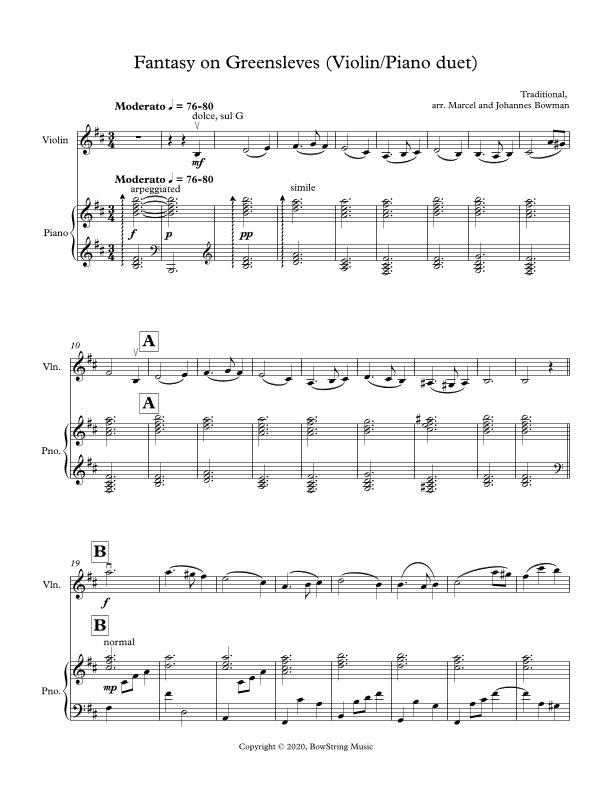 Fantasia on Greensleeves (Violin and Piano Duet Version - Advanced) (arr. Johannes Bowman)
