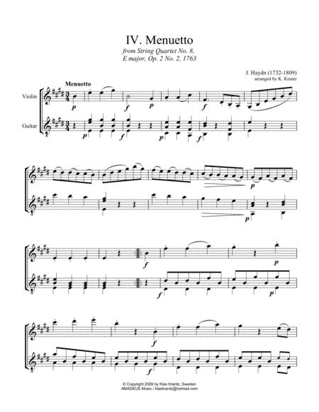 Menuetto from String Quartet Op. 8 for violin and guitar (arr. K. Krantz)