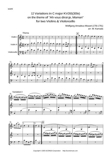 12 Variations in C major KV265(300e) on the theme of "Ah vous dirai-je, Maman" for 2 Violins & Cello (arr. Mikio Kamada)