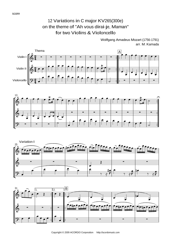 12 Variations in C major KV265(300e) on the theme of "Ah vous dirai-je, Maman" for 2 Violins & Cello (arr. Mikio Kamada)