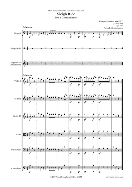Sleigh Ride - 3 Violins, Viola, Cello, Contrabass (Timpani, Sleigh Bells, Xylophone/Glockenspeil) (arr. Music-Scores.com)