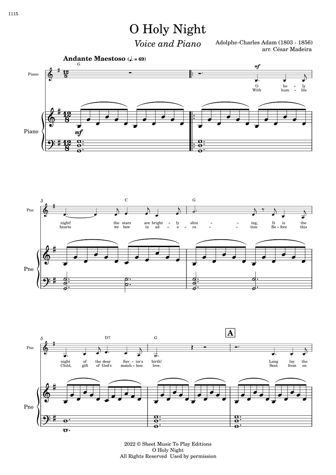 O Holy Night - Voice and Piano - G Major - W/Chords (Full Score and Parts) (arr. César Madeira)