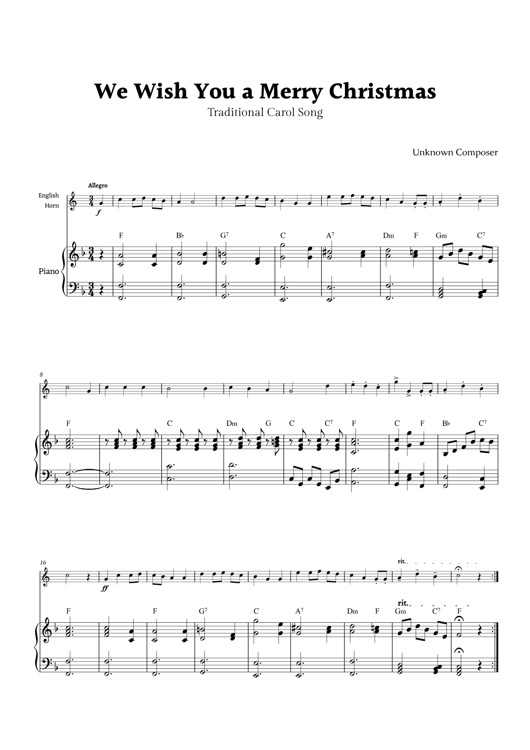 We Wish you a Merry Christmas for English Horn and Piano (arr. Rika K.)