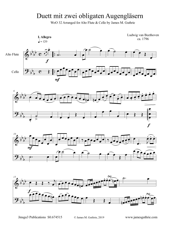 Beethoven: Duet WoO 32 for Alto Flute & Cello (arr. James M. Guthrie, ASCAP)