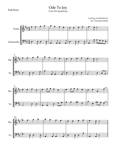 Ode To Joy Theme (from Beethoven's 9th Symphony) for Violin & Cello Duo (arr. Fernando Britto)
