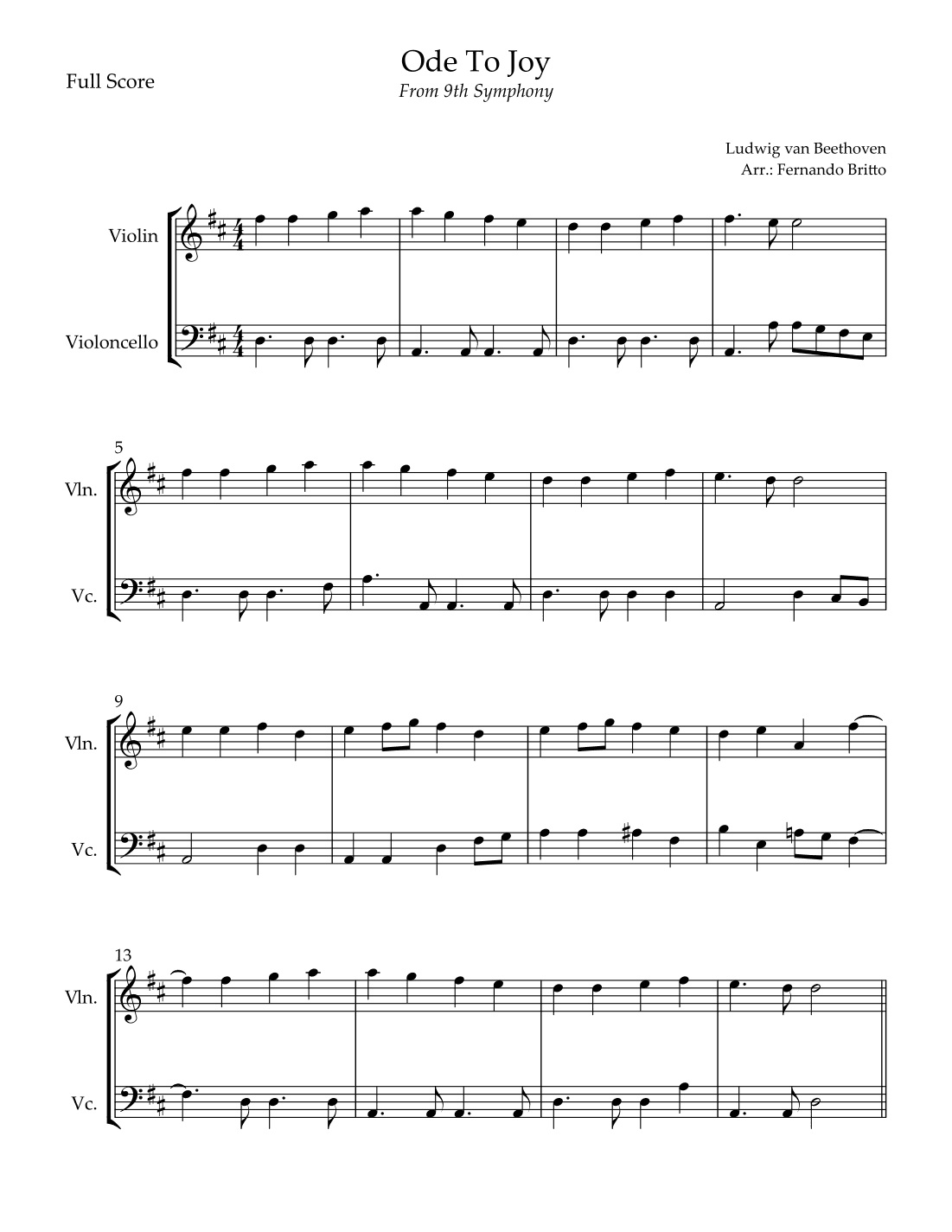 Ode To Joy Theme (from Beethoven's 9th Symphony) for Violin & Cello Duo (arr. Fernando Britto)