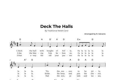 Deck The Halls (Key of D Major) (arr. R. Salvario)