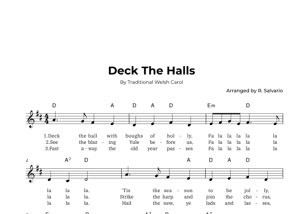 Deck The Halls (Key of D Major) (arr. R. Salvario)