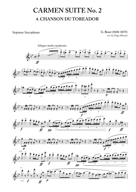 Toreador's Song from "Carmen Suite No. 2" for Saxophone Quartet (arr. Diego Marani)