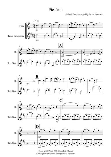 Pie Jesu (from Requiem) for Flute and Tenor Saxophone Duet (arr. David Burndrett)