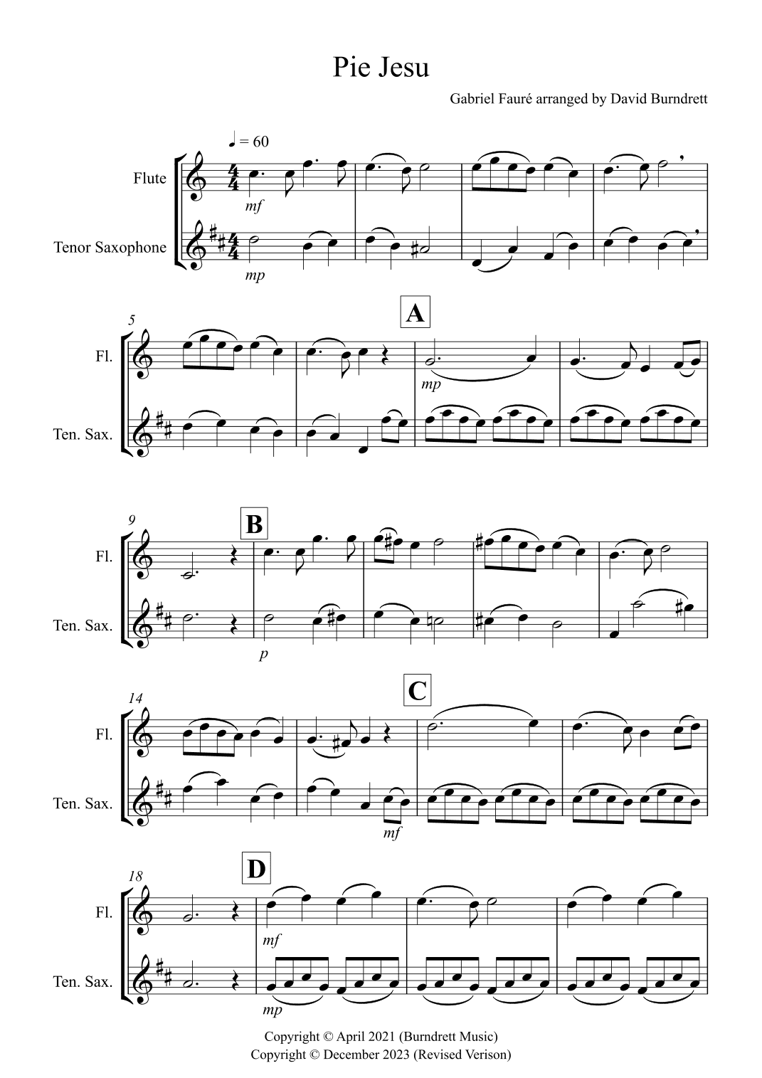 Pie Jesu (from Requiem) for Flute and Tenor Saxophone Duet (arr. David Burndrett)