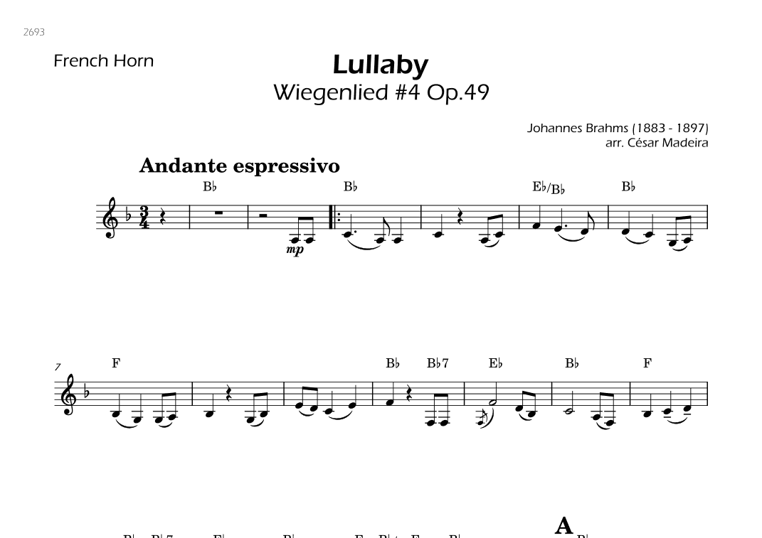 Brahms' Lullaby - French Horn Solo - W/Chords (arr. César Madeira)