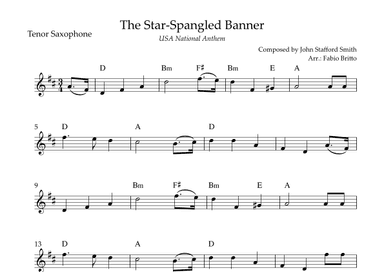 The Star Spangled Banner (USA National Anthem) for Tenor Saxophone Solo with Chords (C Major) (arr. Fabio Britto)