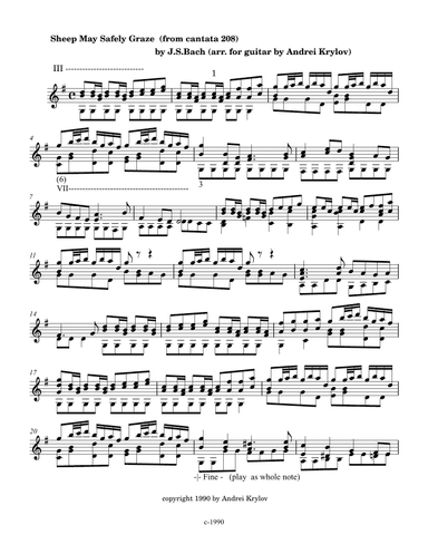"Sheep May Safely Graze" from cantata BWV 208 by Johann Sebastian Bach, arranged for classical guita (arr. Andrei Krylov)