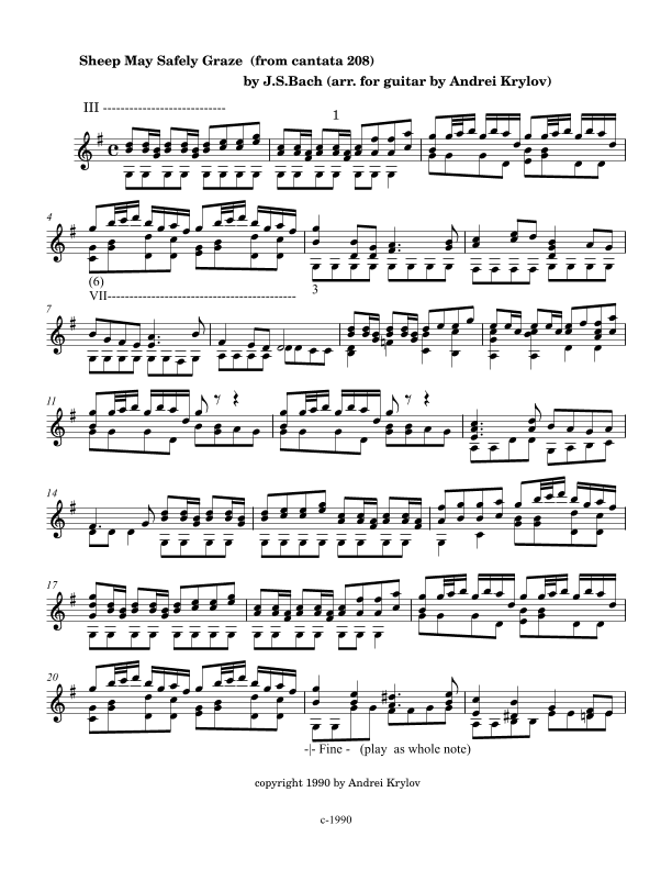 "Sheep May Safely Graze" from cantata BWV 208 by Johann Sebastian Bach, arranged for classical guita (arr. Andrei Krylov)
