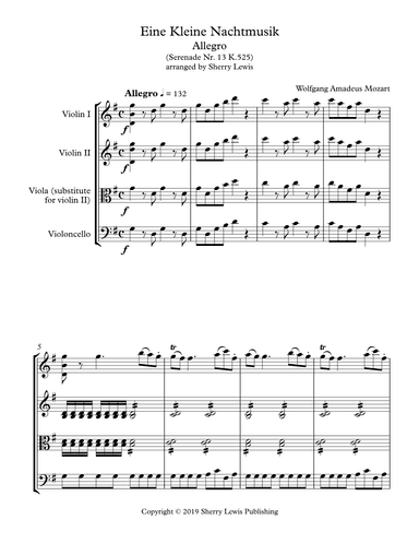 EINE KLEINE NACHTMUSIK - ALLEGRO - String Trio, Intermediate level for two violins and cello or viol (arr. Sherry Lewis Publishing)