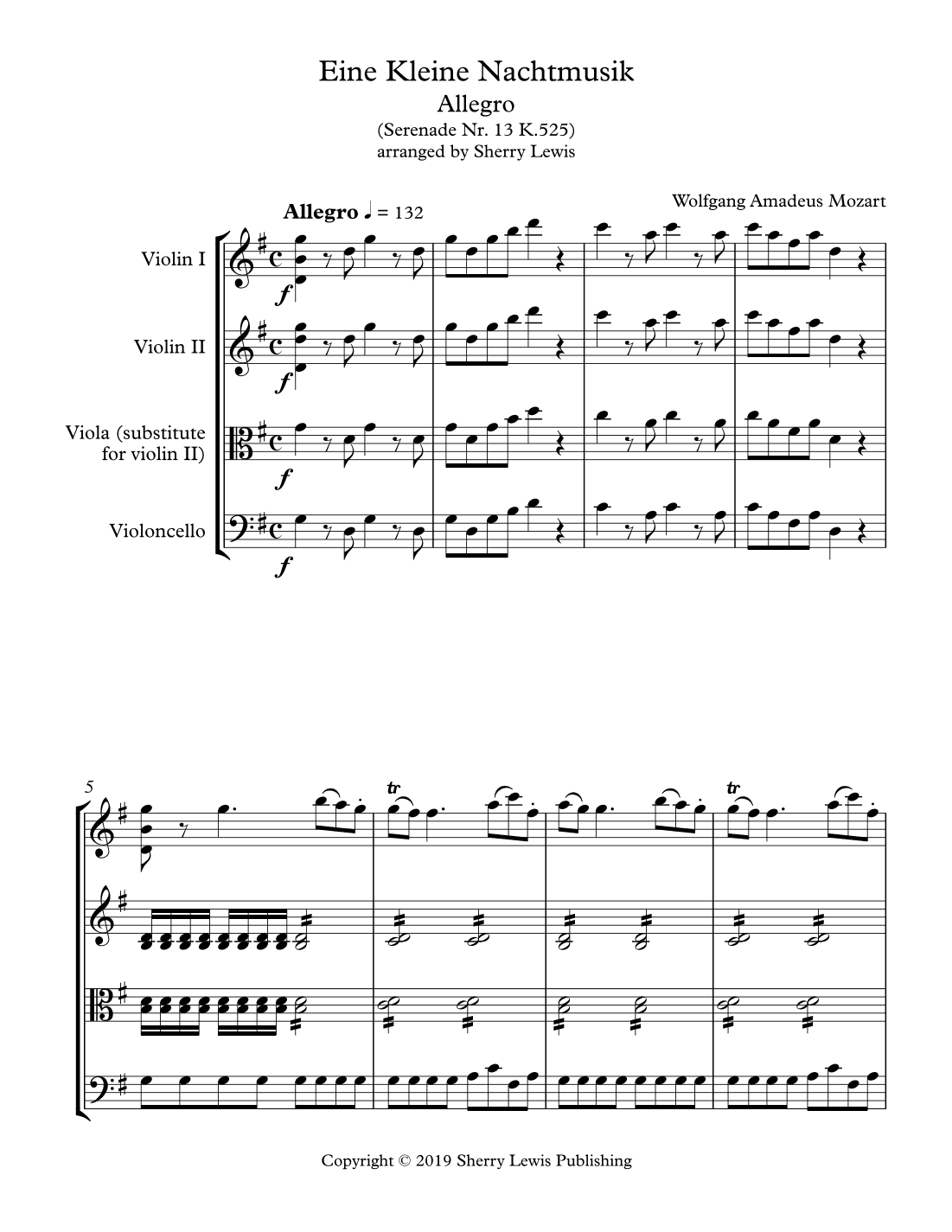 EINE KLEINE NACHTMUSIK - ALLEGRO - String Trio, Intermediate level for two violins and cello or viol (arr. Sherry Lewis Publishing)