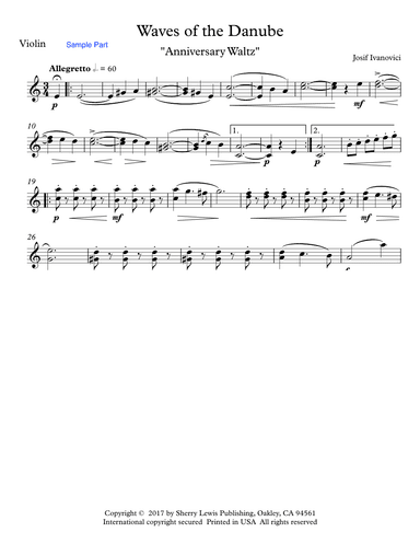 WAVES OF THE DANUBE "Anniversary Waltz" Violin Solo, Intermediate Level (arr. Sherry Lewis)