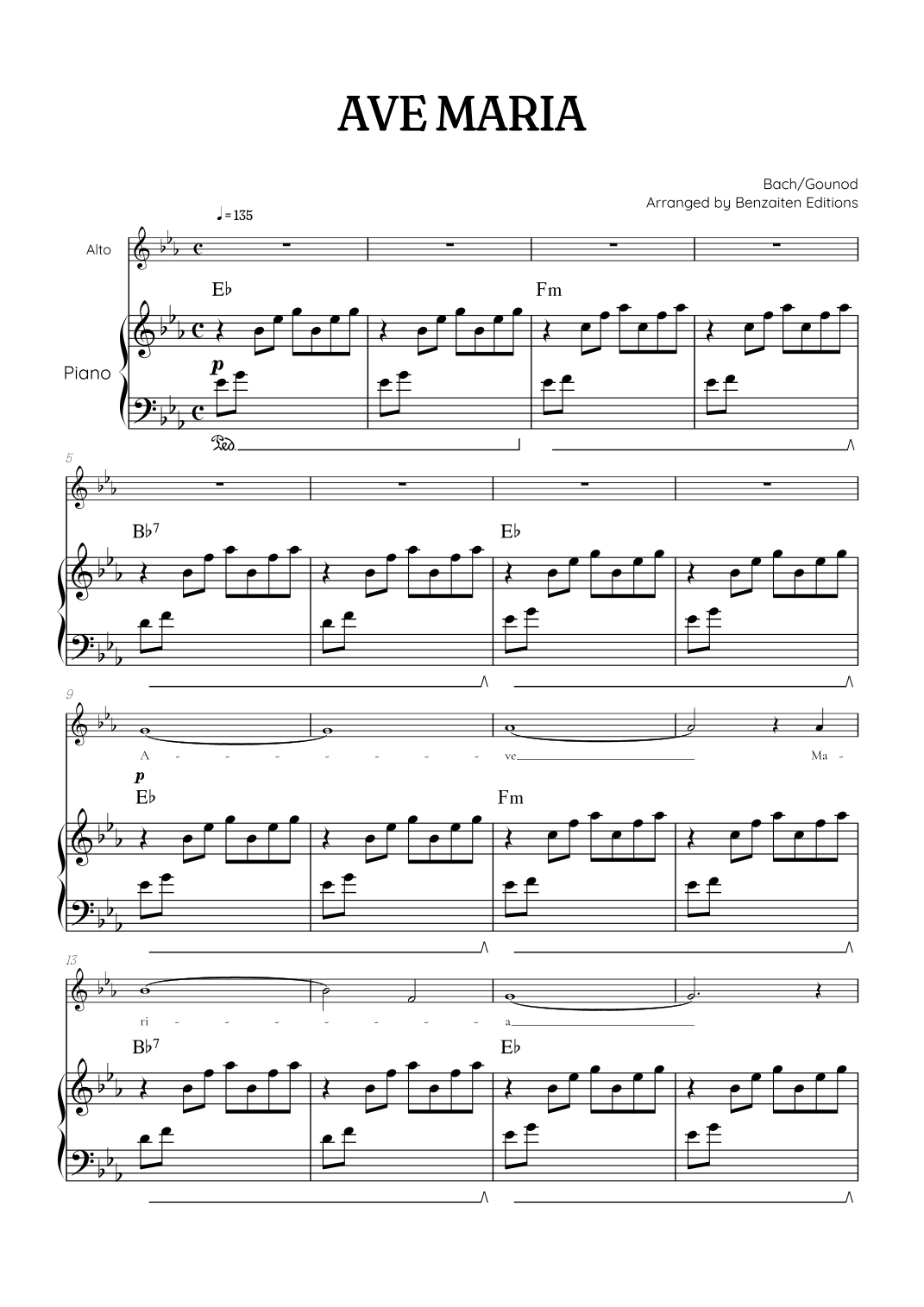 Bach / Gounod Ave Maria in E flat [Eb] • contralto sheet music with piano accompaniment and chords (arr. Benzaiten Editions)