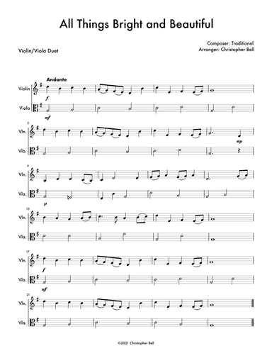 All Things Bright and Beautiful - Easy Violin/Viola Duet (arr. Christopher Bell)