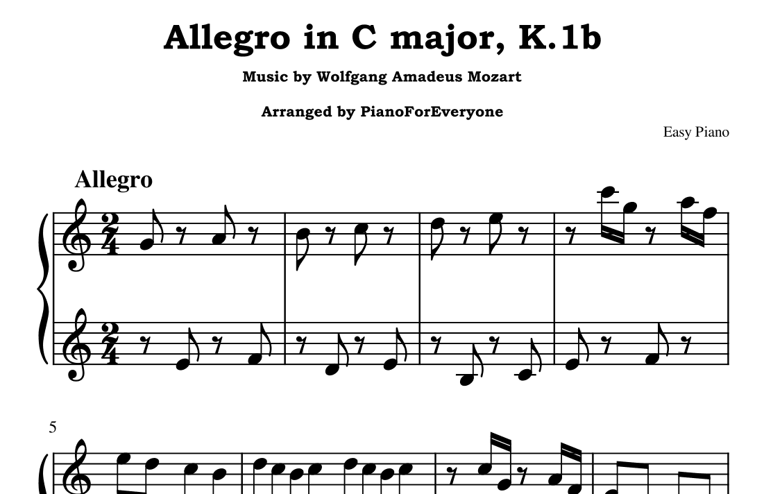 Allegro in C major, K.1b - Mozart (Easy Piano) (arr. PianoForEveryone)
