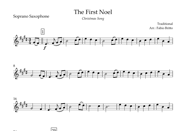 The First Noel (Christmas Song) for Soprano Saxophone Solo (arr. Fabio Britto)