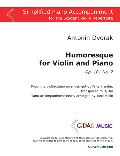 Dvorak - Humoresque for Violin and Piano - Simplified Piano Accompaniment in D/Dm (arr. Jane Melin)