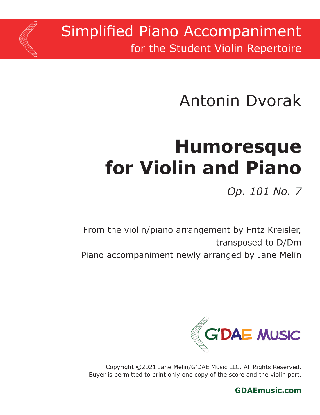 Dvorak - Humoresque for Violin and Piano - Simplified Piano Accompaniment in D/Dm (arr. Jane Melin)