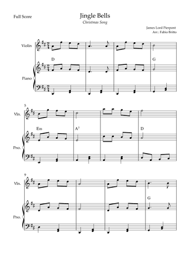 Jingle Bells (Christmas Song) for Violin Solo and Piano Accompaniment with Chords (arr. Fabio Britto)