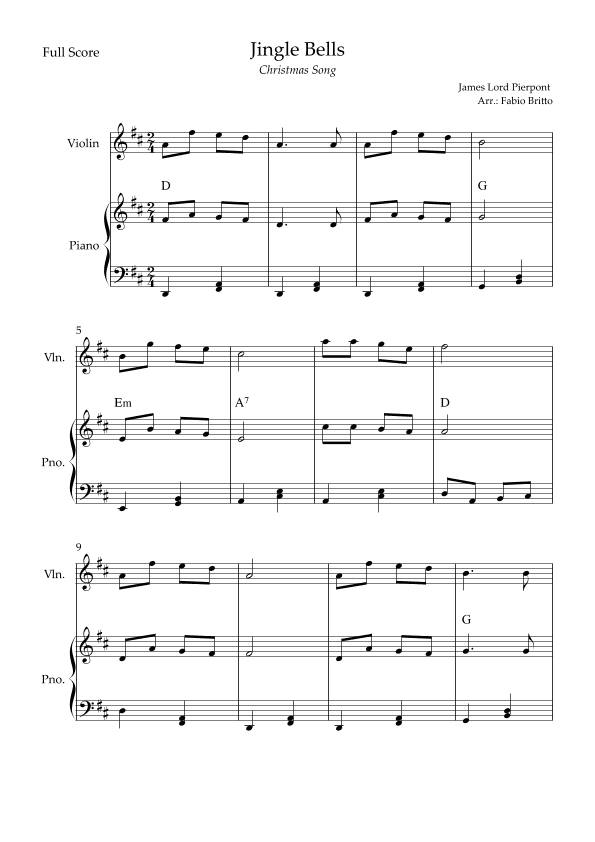 Jingle Bells (Christmas Song) for Violin Solo and Piano Accompaniment with Chords (arr. Fabio Britto)