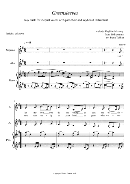 Greensleeves,  for SA, and piano, E minor (arr. Ivana Tuskan)
