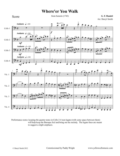 Where'Er You Walk from Semele for four cellos (intermediate cello quartet) (arr. Yellow Cello Music)