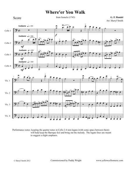 Where'Er You Walk from Semele for four cellos (intermediate cello quartet) (arr. Yellow Cello Music)