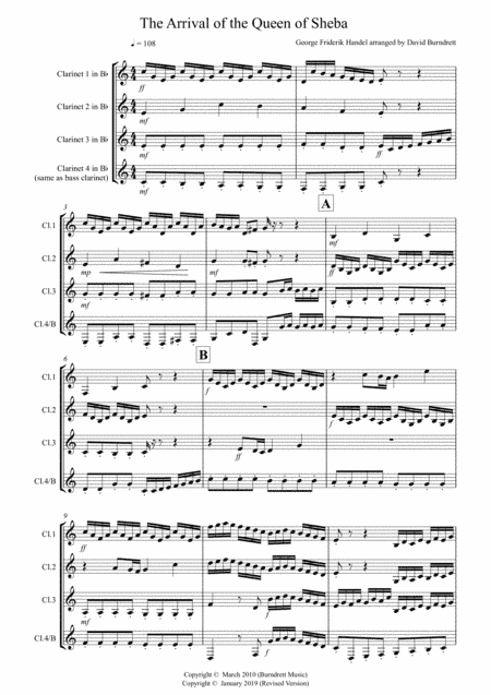 Arrival of the Queen of Sheba for Clarinet Quartet (arr. David Burndrett)
