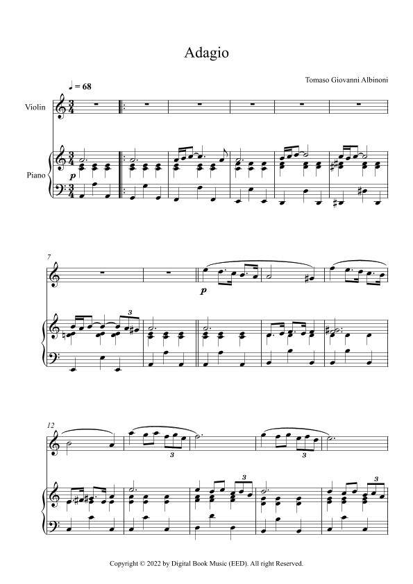 Adagio (In G Minor) - Tomaso Giovanni Albinoni (Violin + Piano) (arr. Digital Book Music)