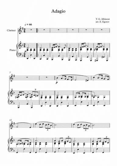 Adagio (In G Minor), Tomaso Giovanni Albinoni, For Clarinet & Piano (arr. Eugene Egorov)