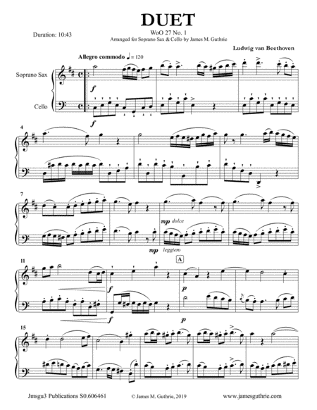 Beethoven: Three Duets WoO 27 for Soprano Sax & Cello (arr. James M. Guthrie, ASCAP)