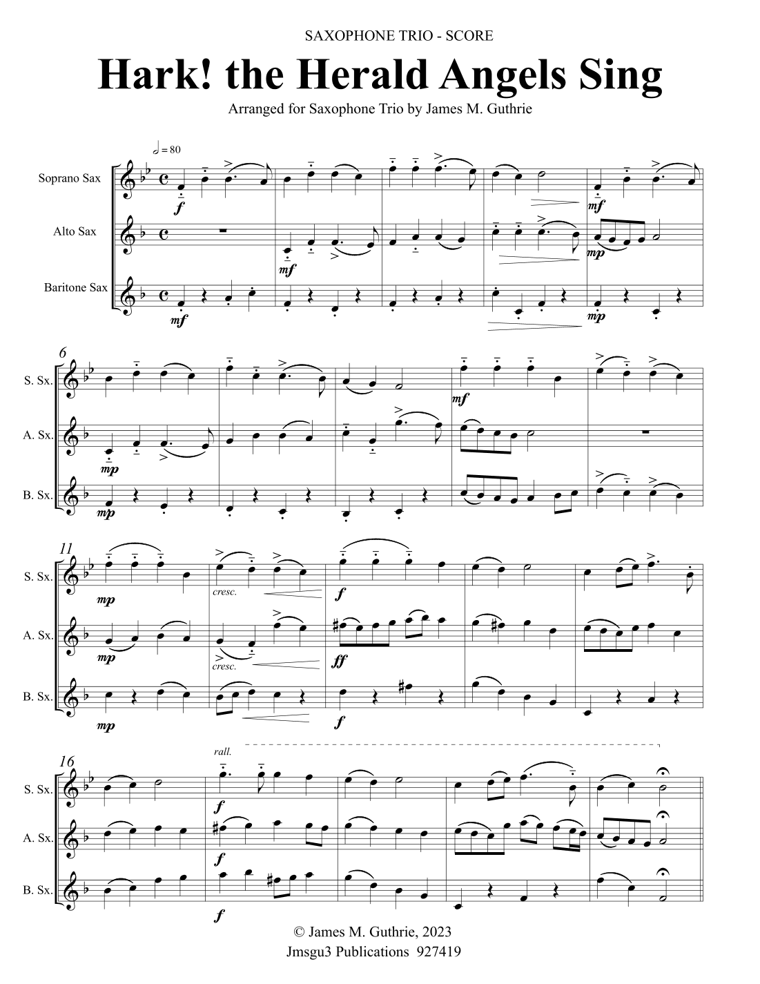 Hark! the Herald Angels Sing! for Saxophone Trio (arr. James M. Guthrie)