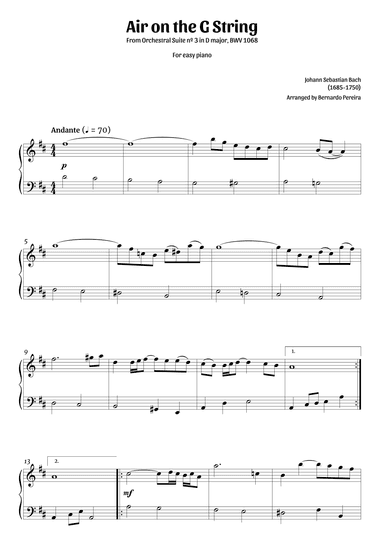 Air on the G string (easy piano – clean sheet music) (arr. Bernardo Pereira)